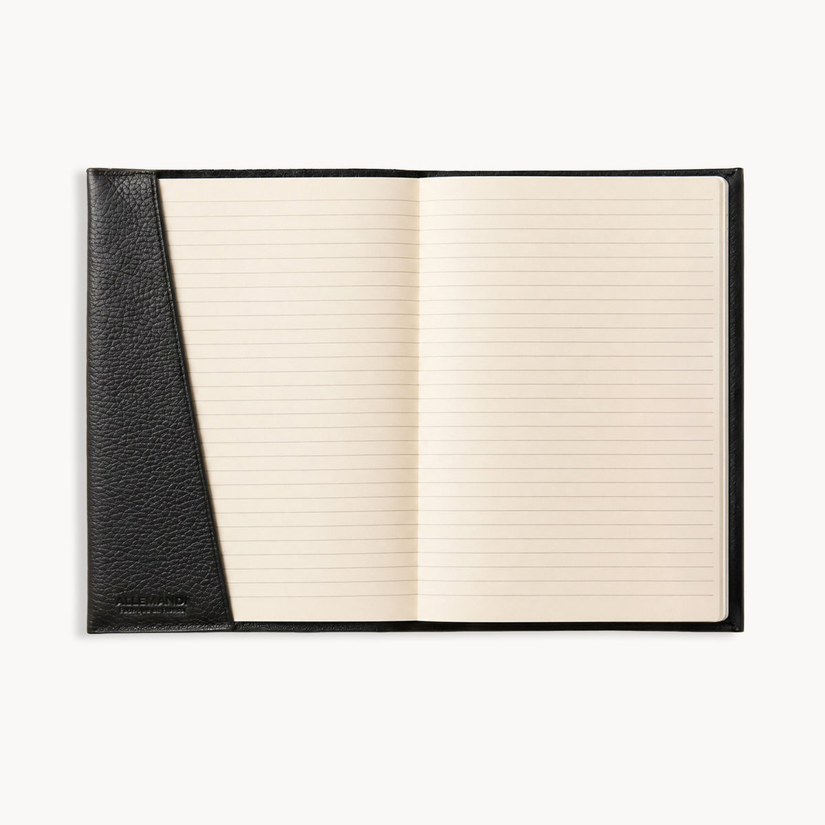 Petit carnet A6 avec couverture en cuir grainé noir ALLEMANDI ouvert