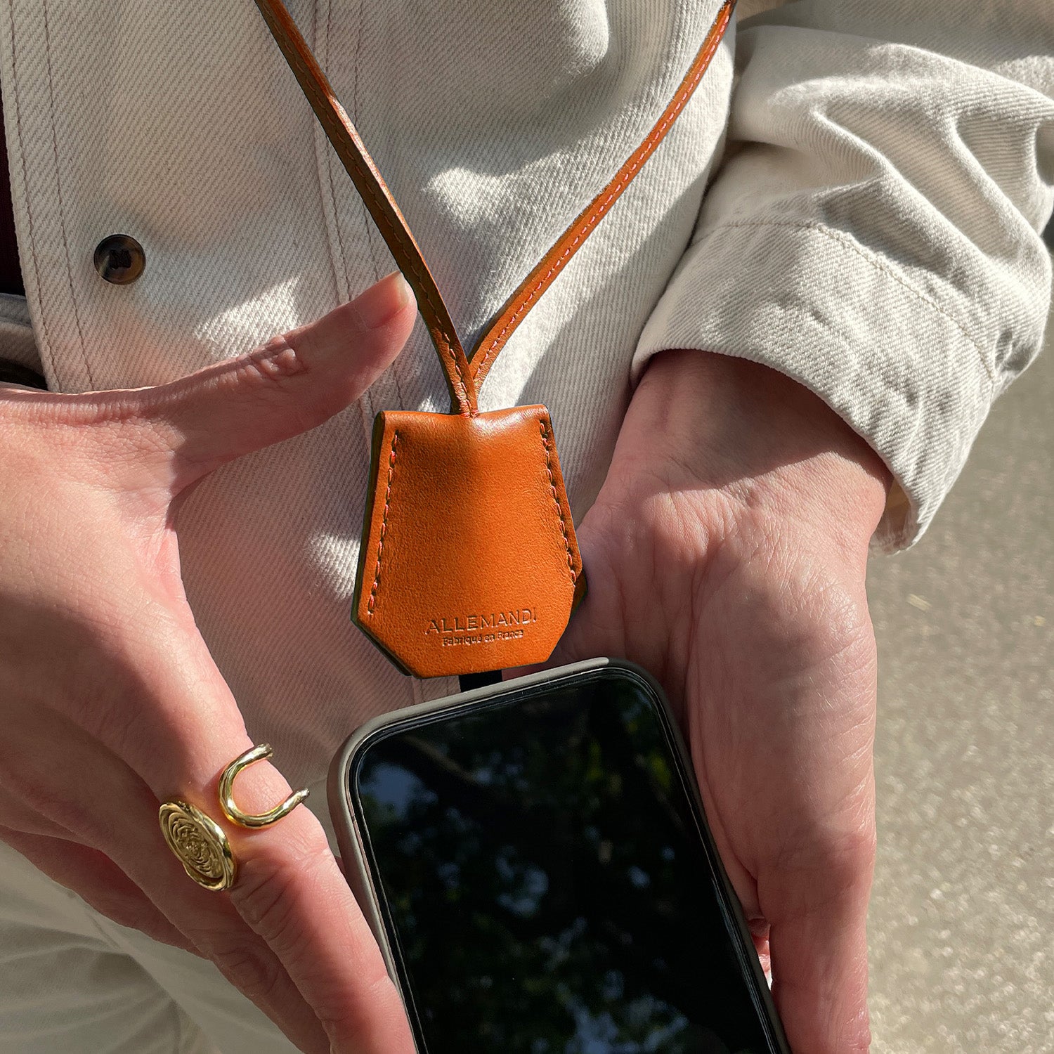The phone strap | Orange leather phone holder | Made in France
